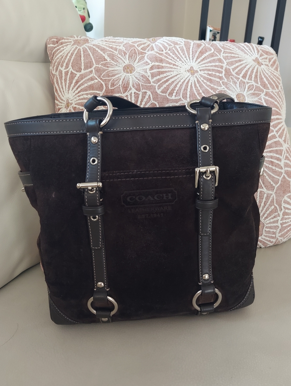 Coach Dark Brown Suede Tote with Black Leather Trim